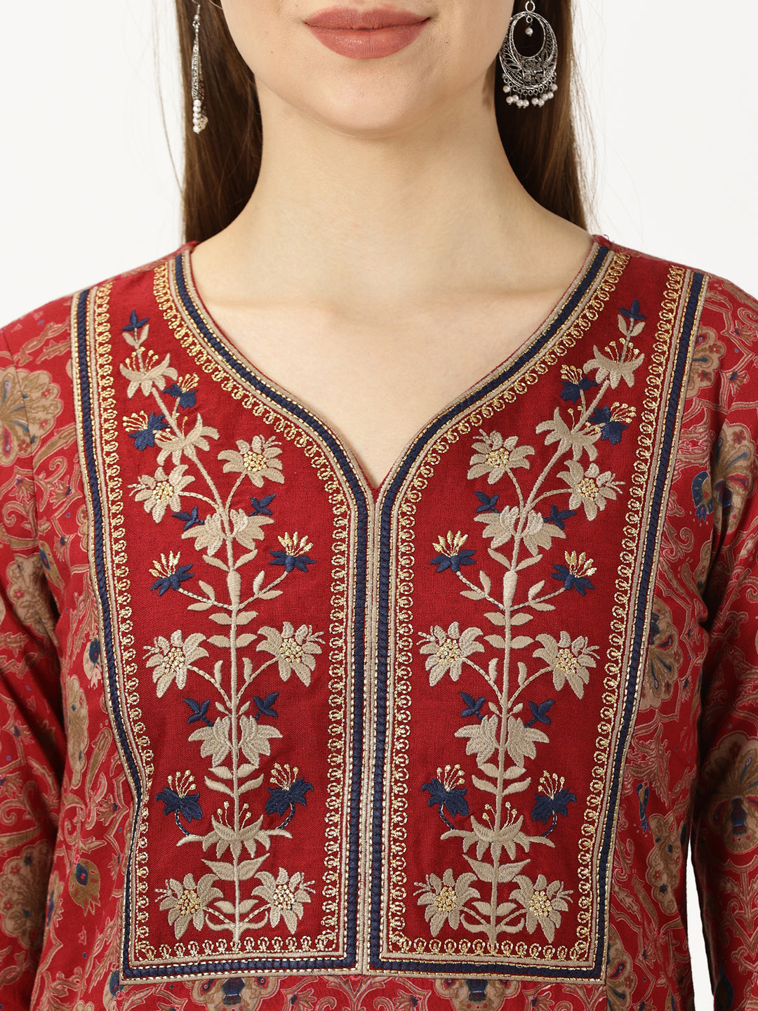 Maroon Ethnic Motifs Printed Cotton Kurta with Neck Embroidery