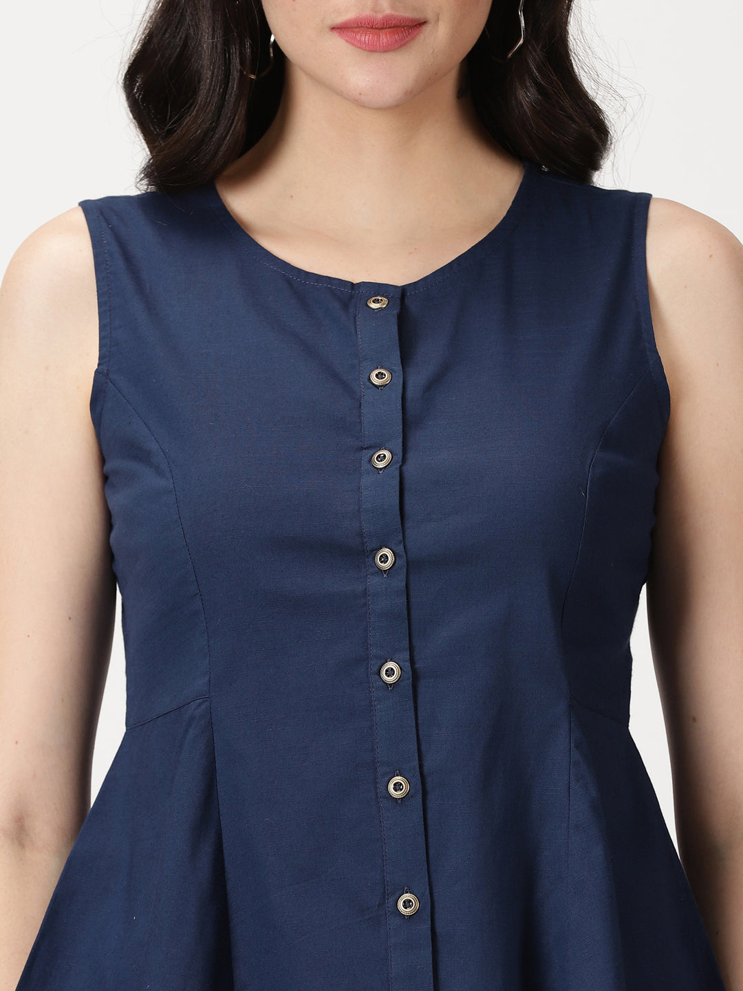 Navy Blue Cotton Linen Button-Down A-Line Top