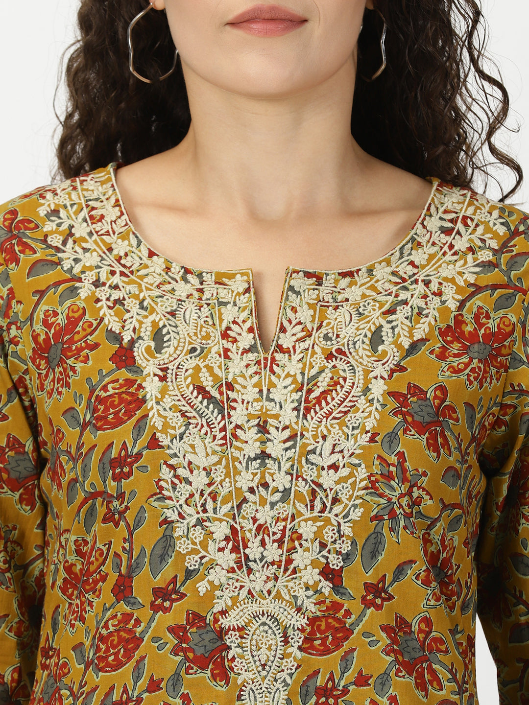 Mustard Floral Cotton Tunic with Embroidered Yoke