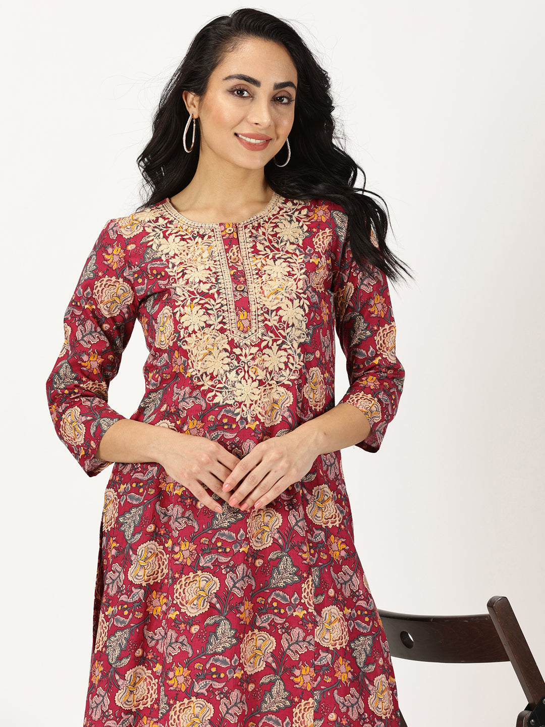 Wine Ethnic Floral Print Kurta with Yoke Embroidery