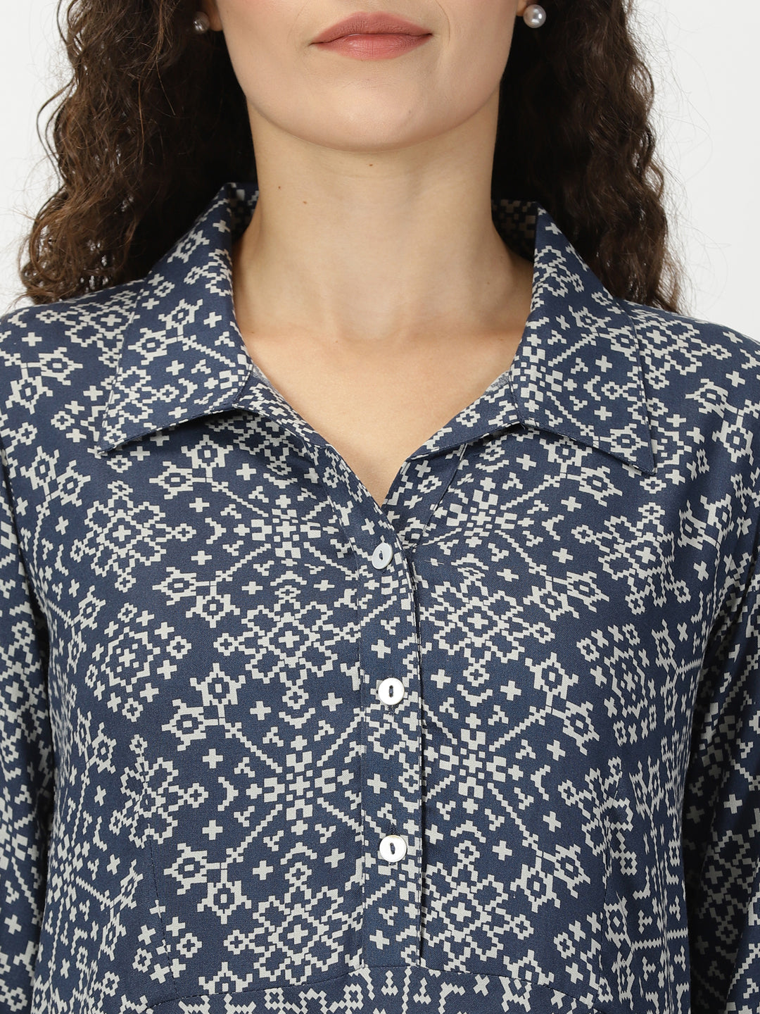 Navy Blue Patola Print Shirt Collar Midi Dress