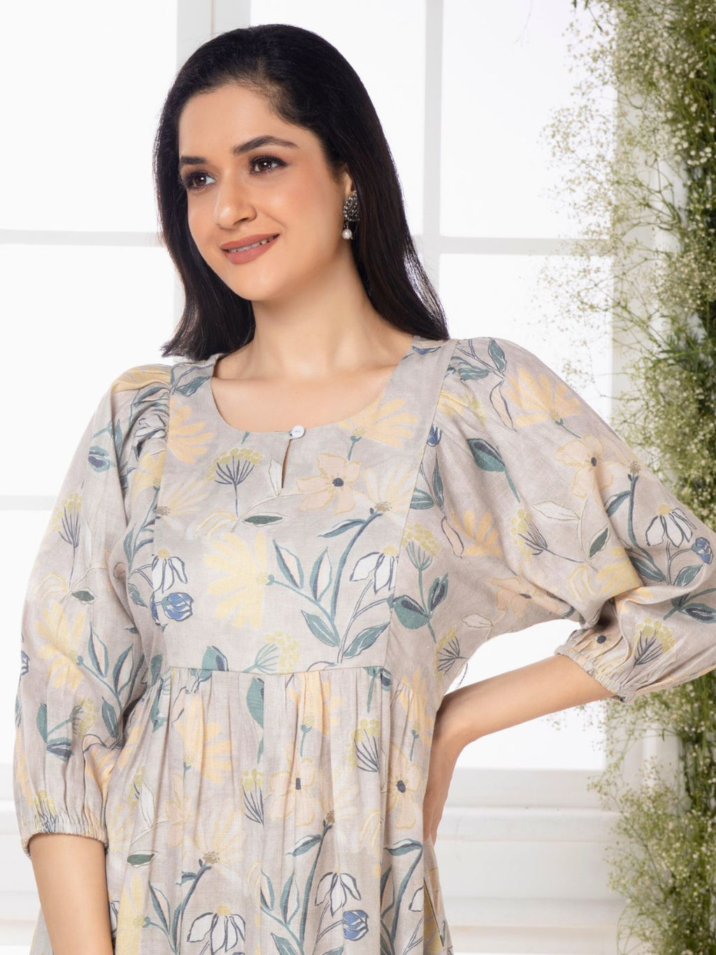 Sand Grey Florette Leaf Midi Dress