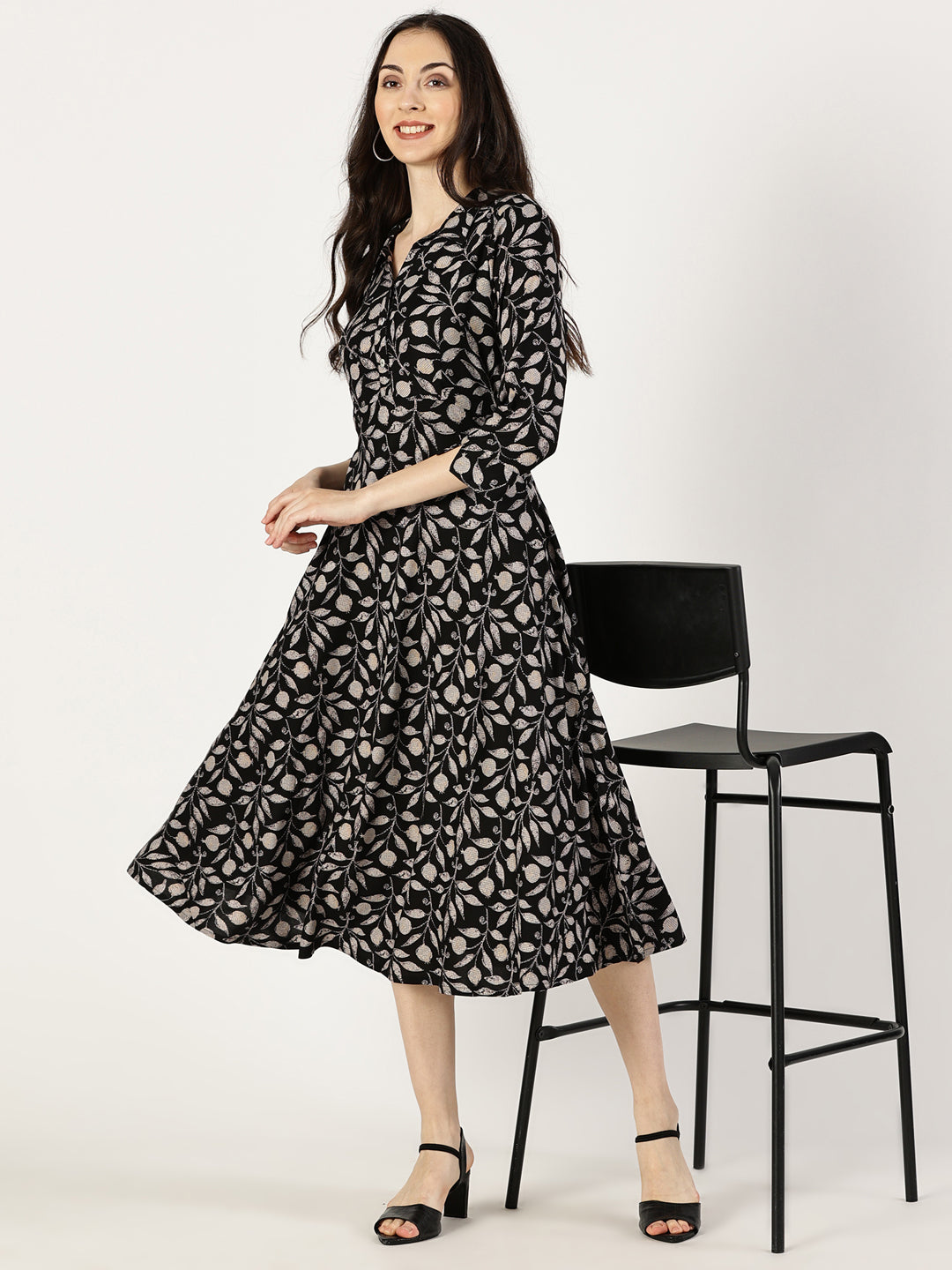 Black Tropical Print Shirt Collar Dress with Elastic Waist Belt