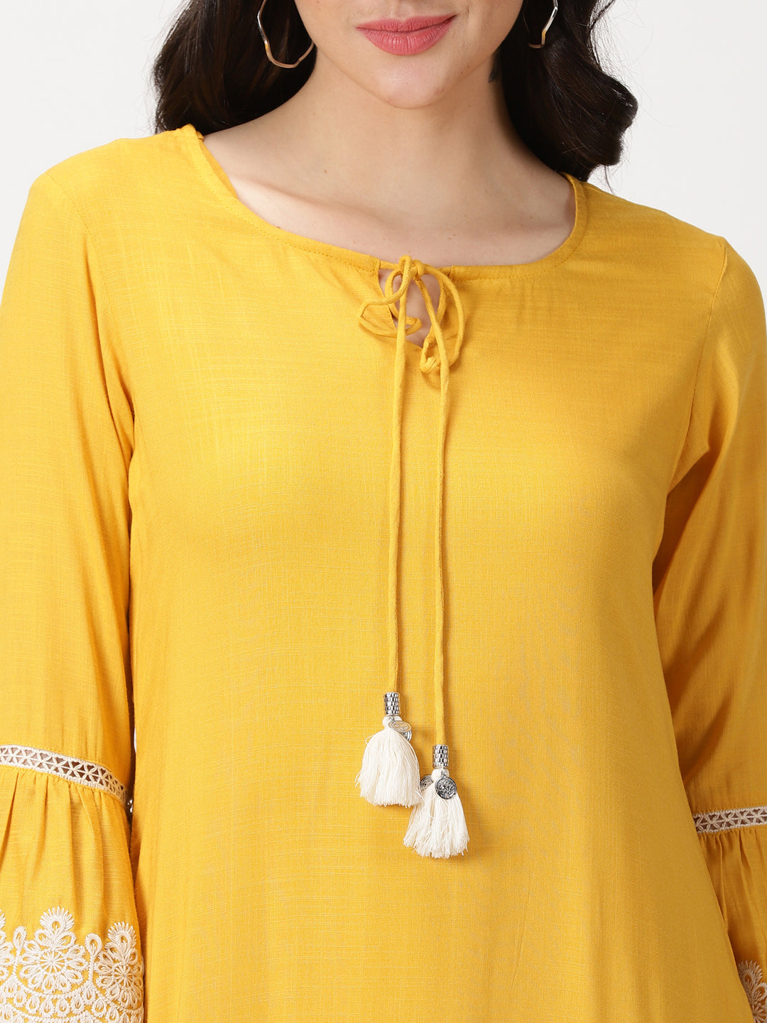 Yellow Solid Midi Dress with Lace Embroidered Details