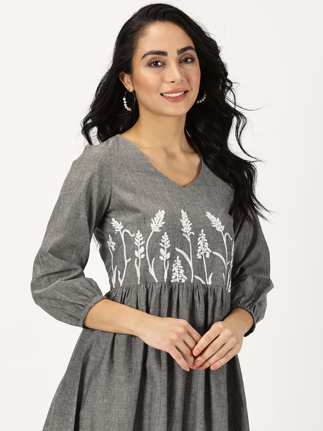 Melange Grey Boho Midi Dress with Yoke Embroidery
