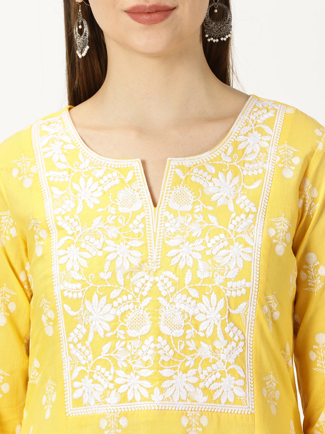 Pastel Yellow Floral Print Cotton Kurta with Chikankari Embroidery