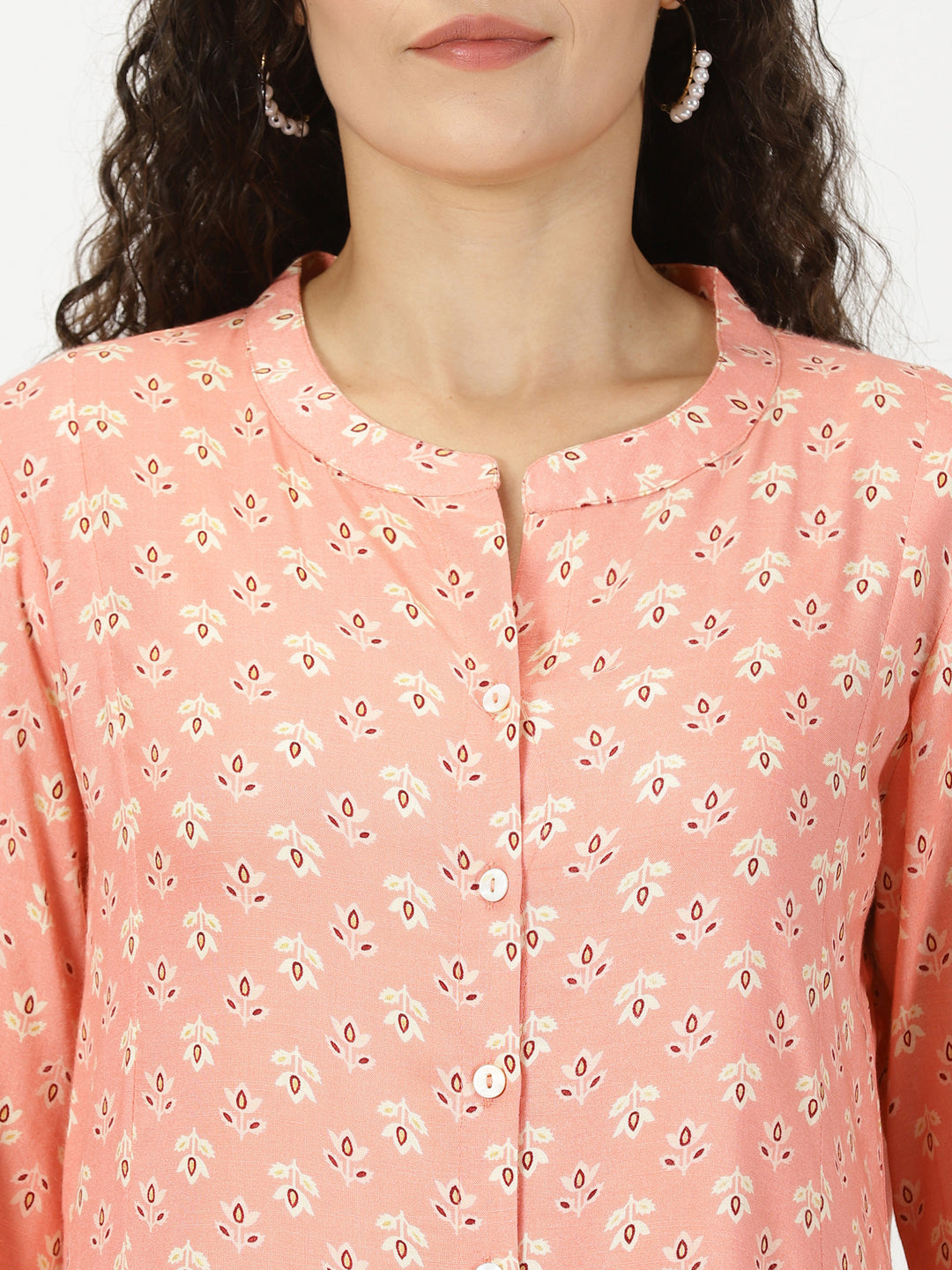 Peach Floral Print Button-Down Kurta with Embroidery Border