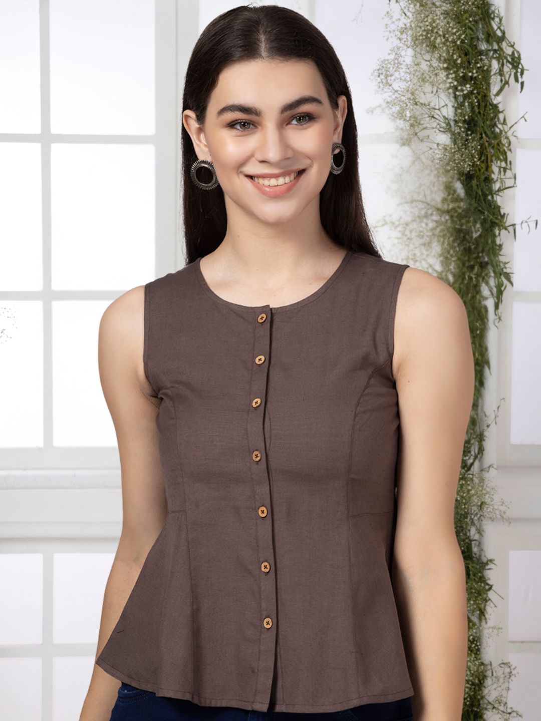 Brown Cotton Flax Panelled A-Line Top with Button-Down Placket