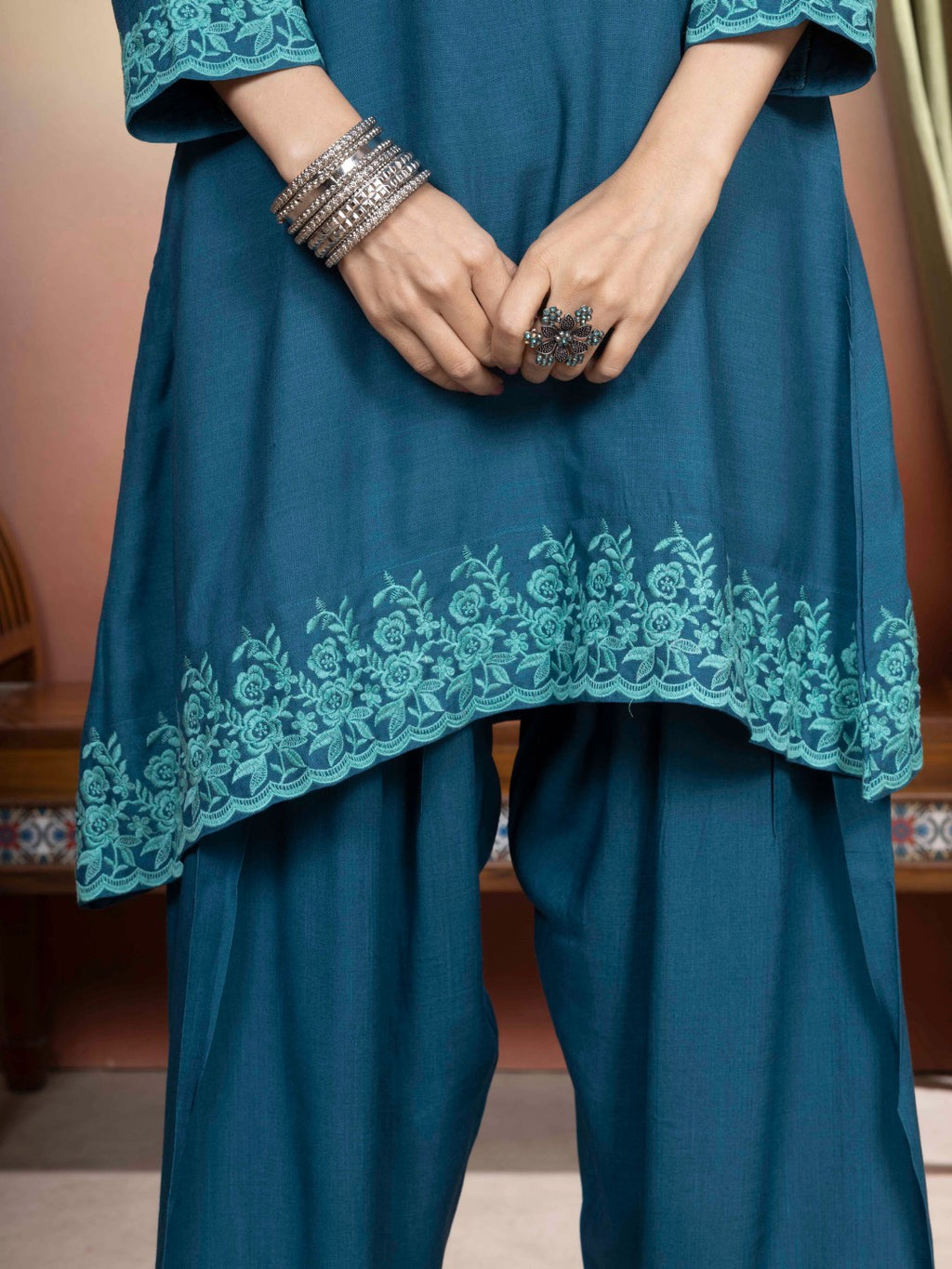 Transformative Teal Embroidered A-Line Kurta with Farshi Salwar