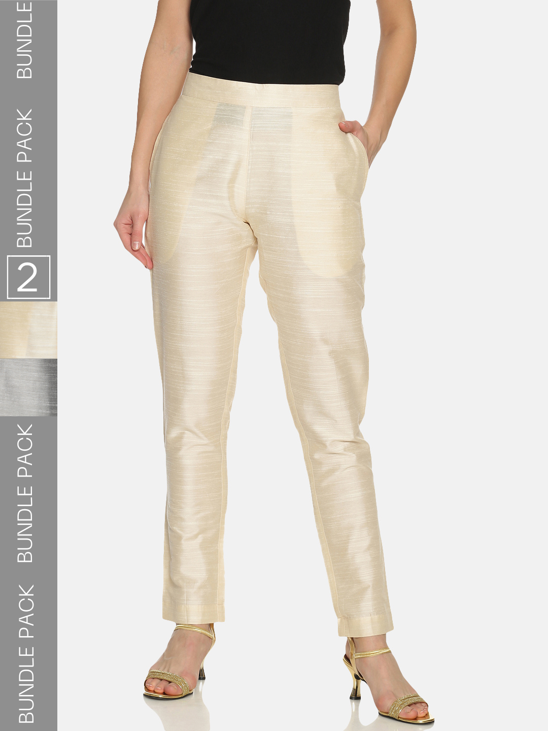 Pack of 2 Silver & Off White Art Silk Trousers