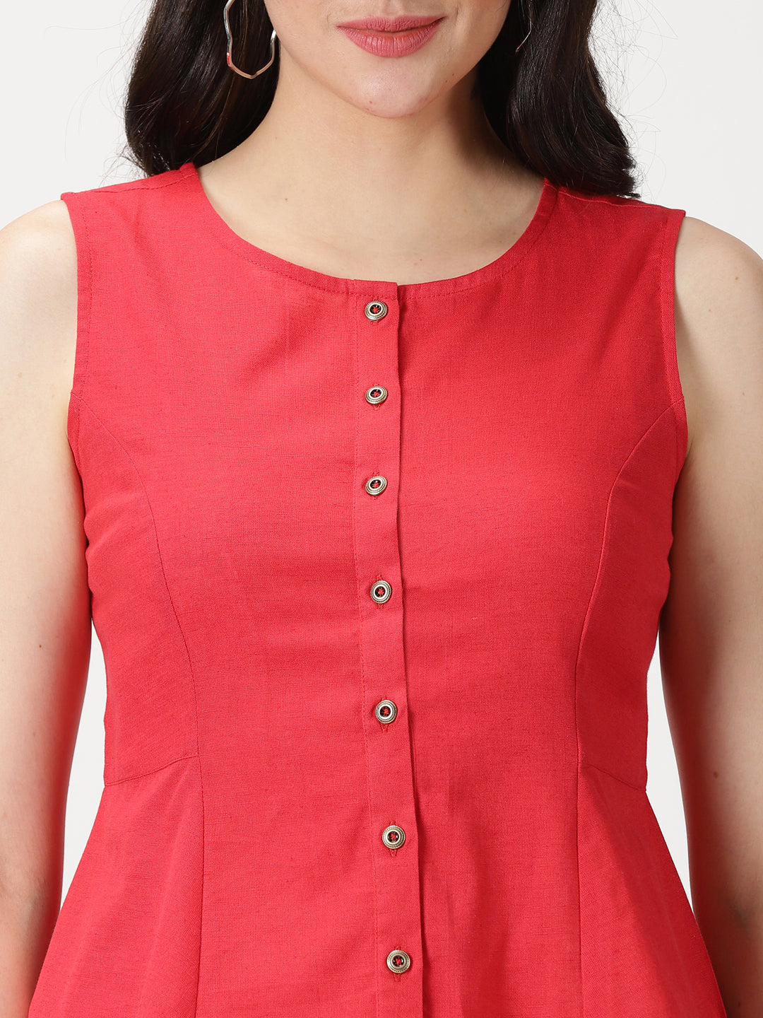 Red Cotton Linen Button-Down A-Line Top