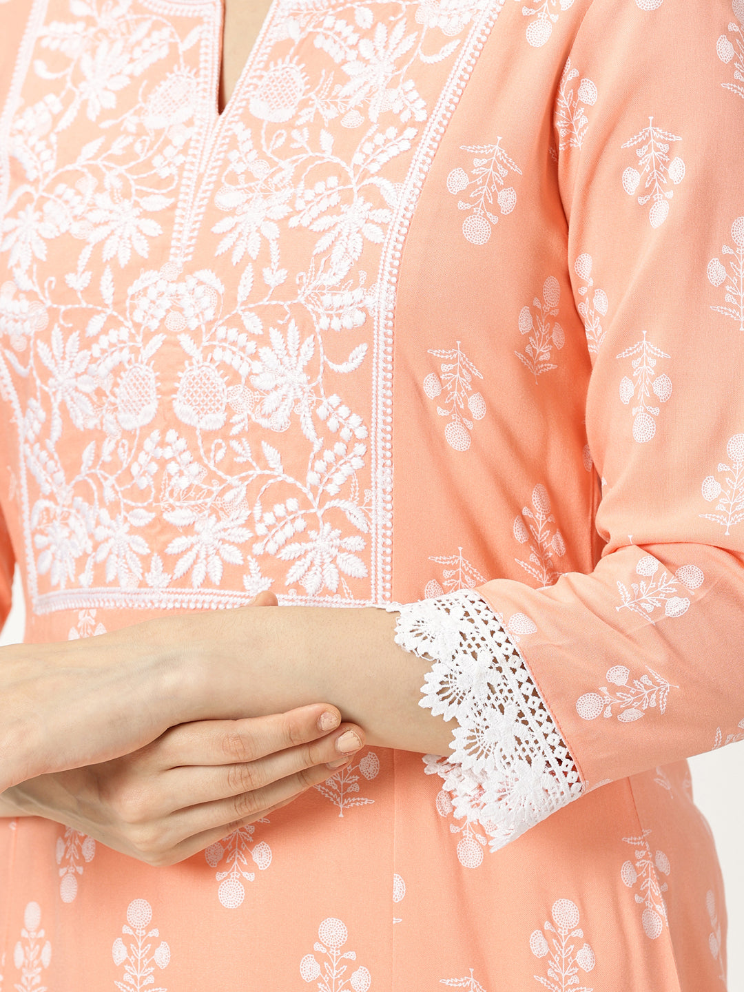 Pastel Peach Floral Print Rayon Kurta with Chikankari Embroidery