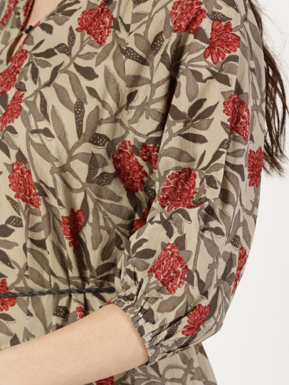 Rust Tropical Print Cotton Dress with Waist Tie-up