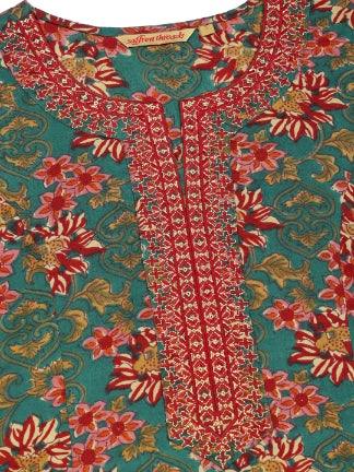 Green Ethnic Floral Print Kurta with Neck Embroidery