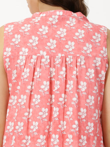 Coral Floral Print Midi Dress with Pintuck Detail