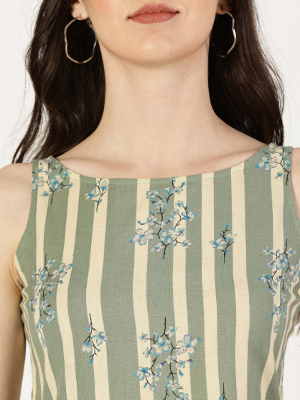 Green Striped Top with Floral Print