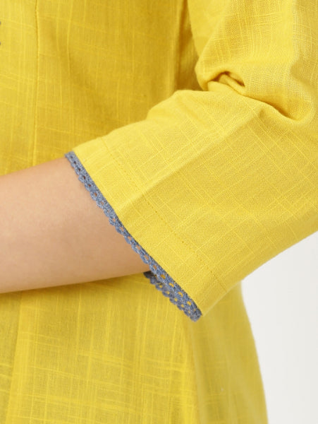 Yellow Slub Kurta with Kashida Embroidery