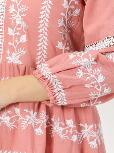 Peach Boho Embroidered Midi Dress