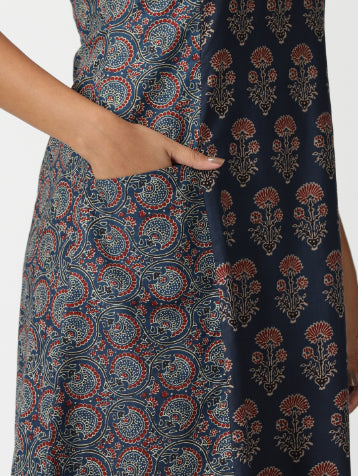 Navy Blue Ethnic Motifs Printed Panelled Midi Dress