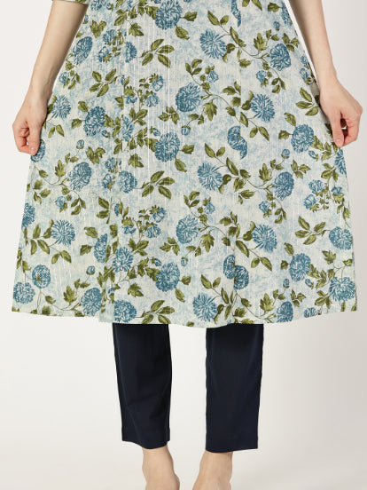 Blue Floral Print Kurta with Yoke Embroidery