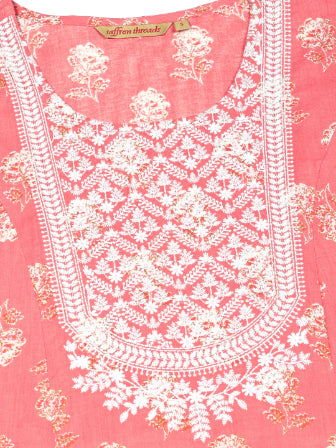 Coral Floral Print Kurta with Lucknowi Chikankari Embroidery