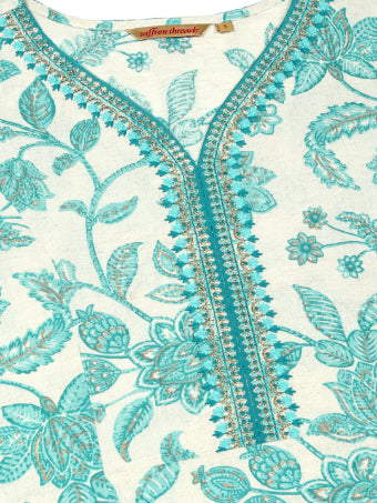 Sea Green Floral Print Kurta with Neck Embroidery