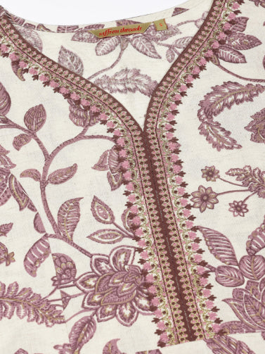 Purple Floral Print Kurta with Neck Embroidery
