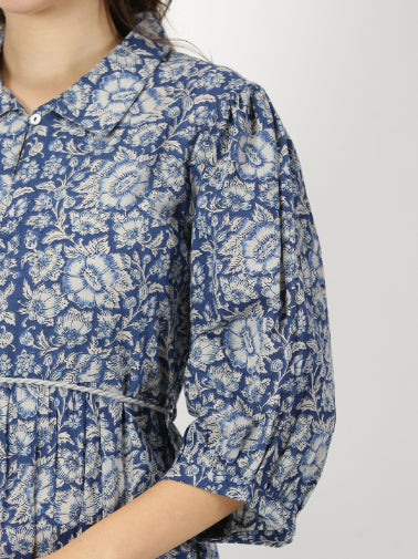 Blue Floral Print Boho Midi Dress with Belt