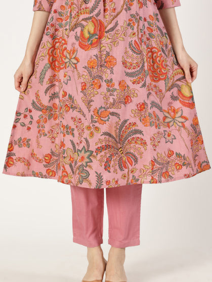Pink Floral Print Kurta with Neck Embroidery