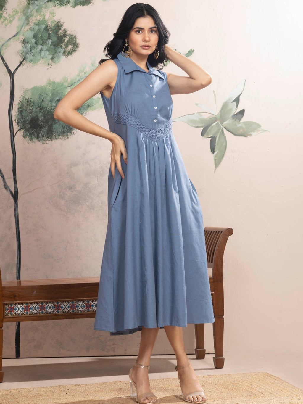 Dusty Blue Sleeveless Cotton Dress with Collar & Lace Panel