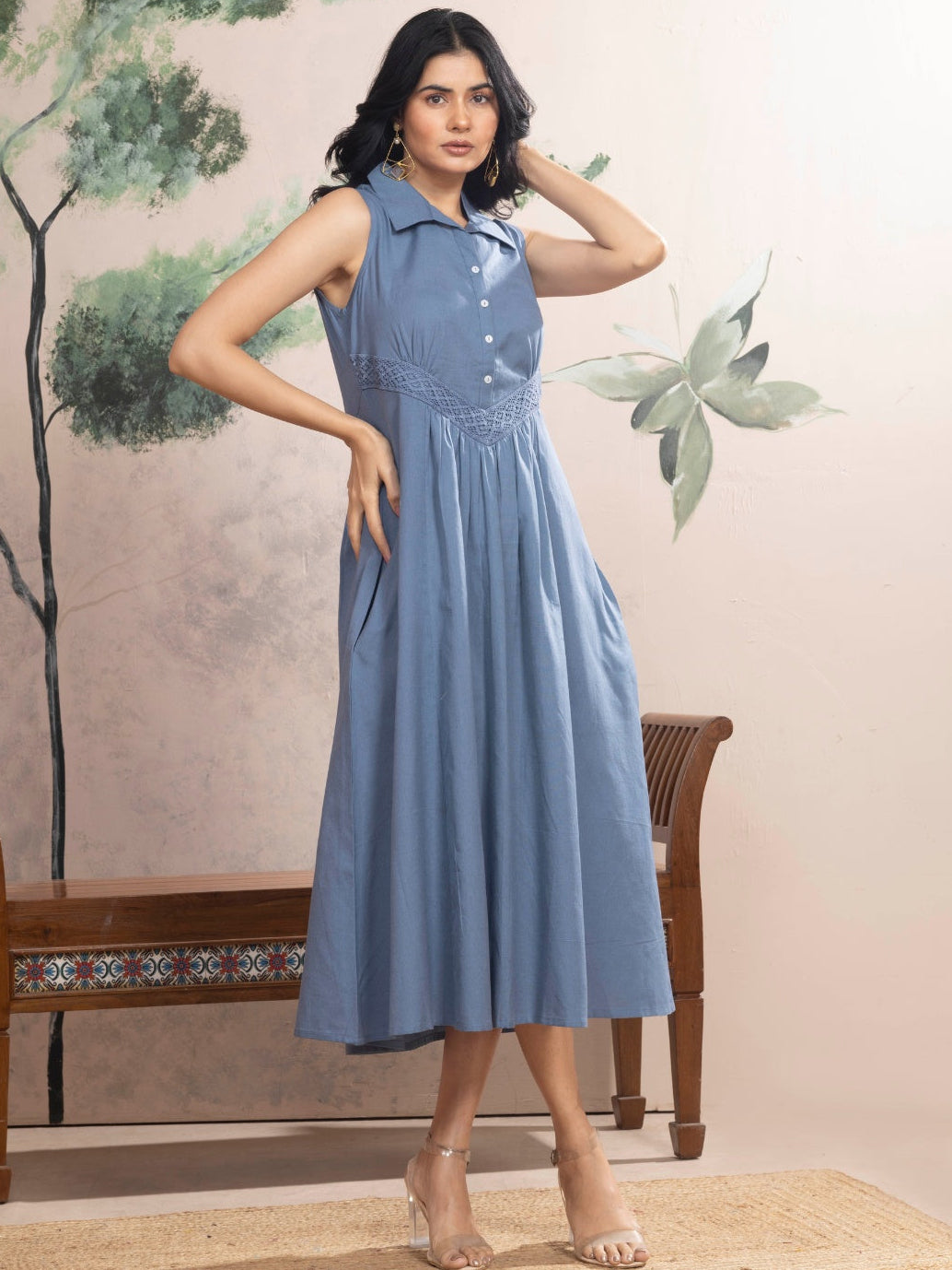 Dusty Blue Sleeveless Cotton Dress with Collar & Lace Panel