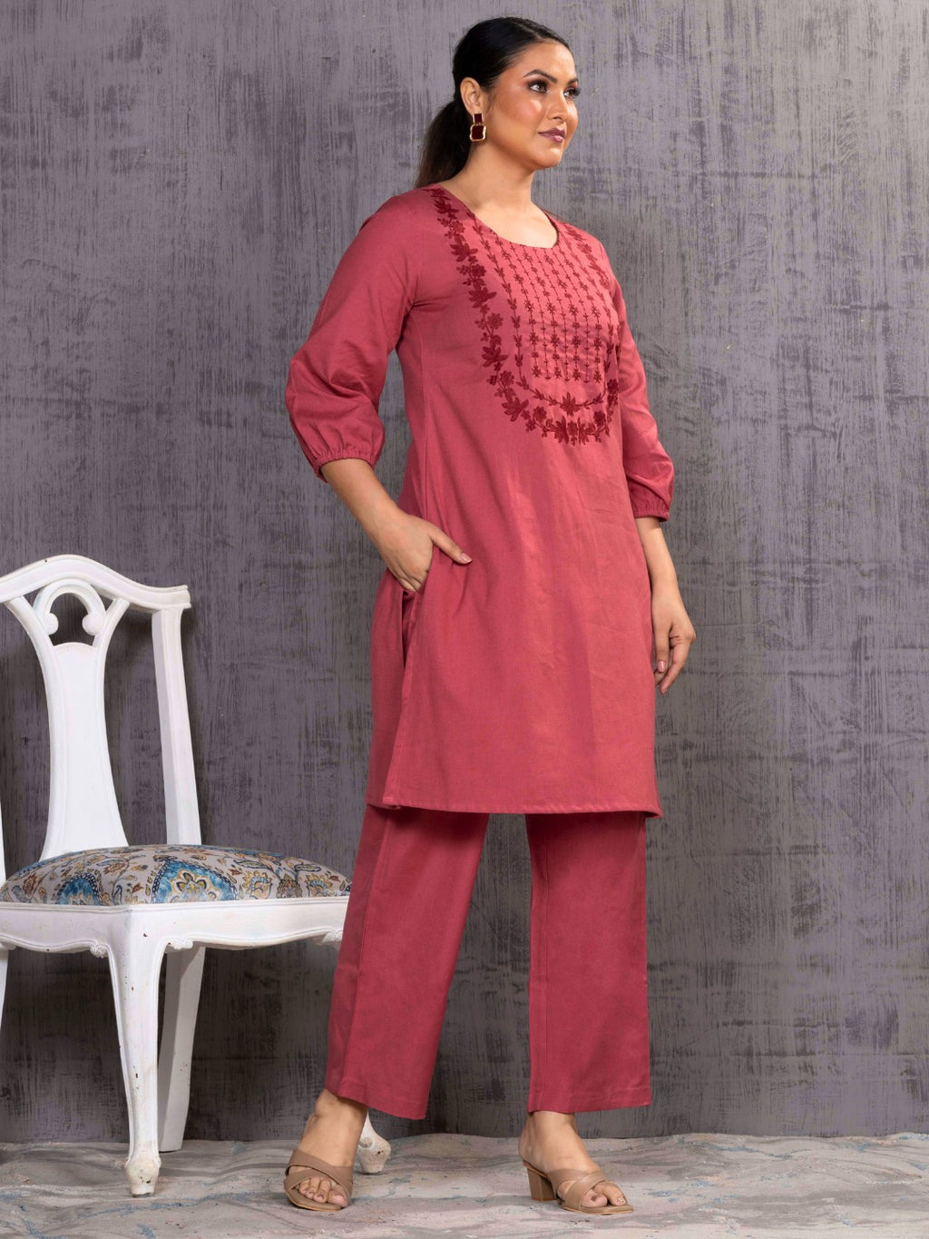 Spiced Coral Tonal Embroidered Straight Kurta Palazzo Set