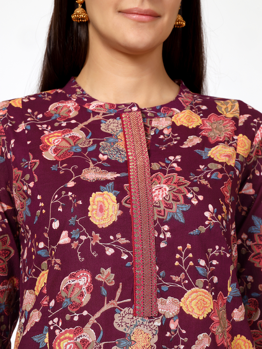 Wine Floral Print Cotton Kurta with Brocade Lace