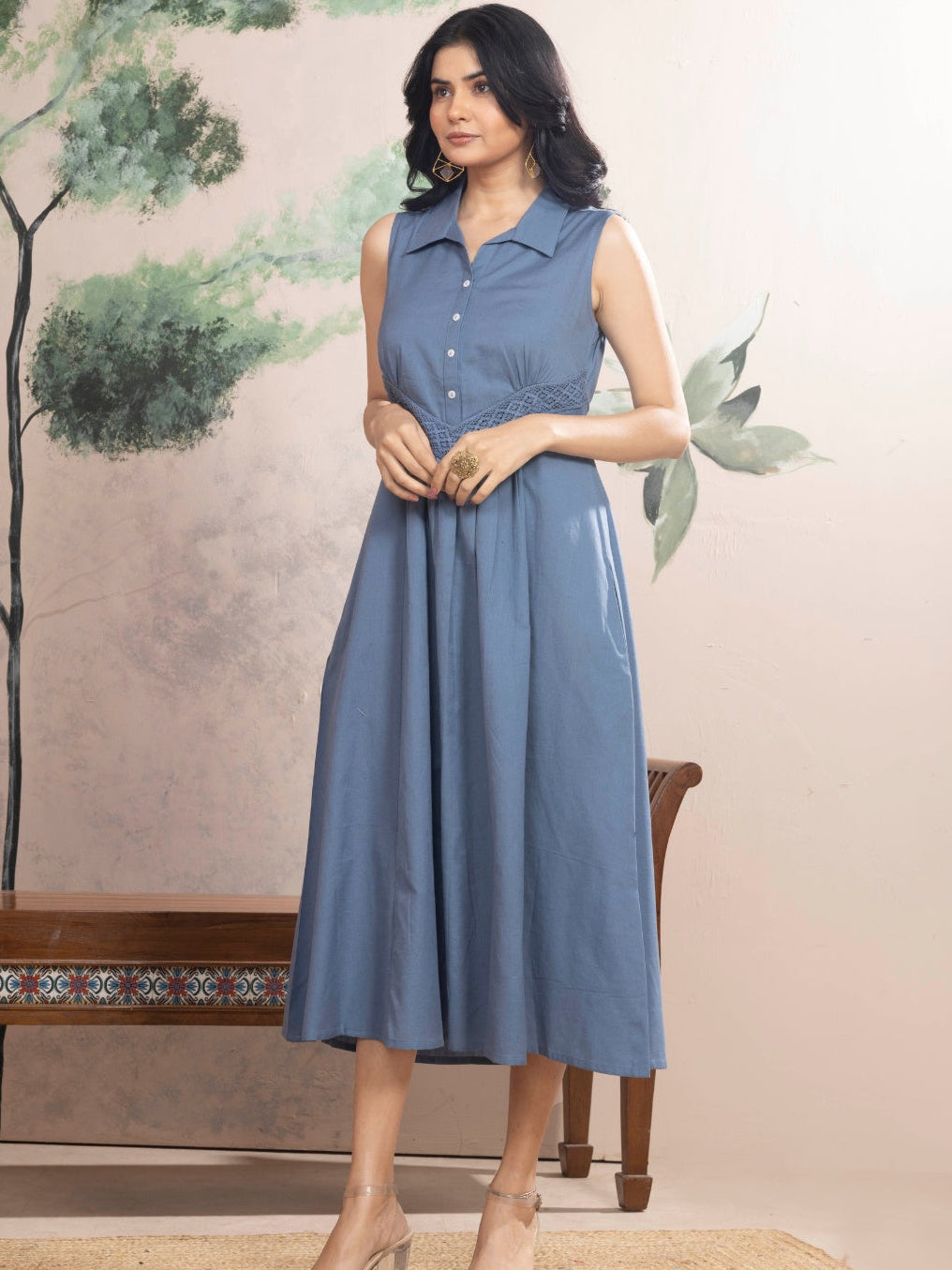 Dusty Blue Sleeveless Cotton Dress with Collar & Lace Panel