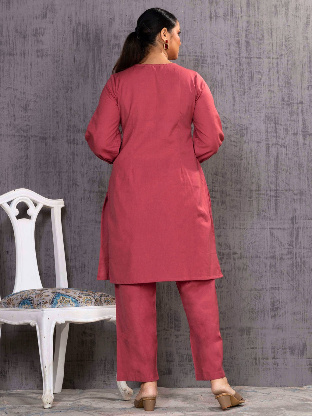 Spiced Coral Tonal Embroidered Straight Kurta Palazzo Set
