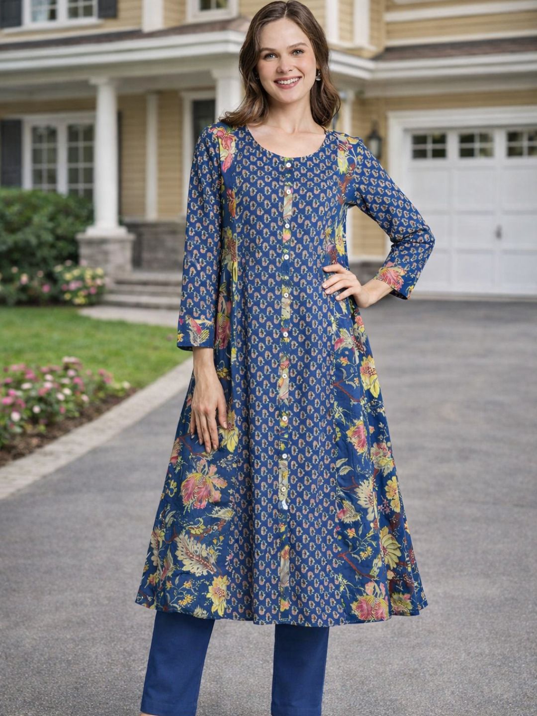 Blue Cotton Floral Printed Panelled Kurta