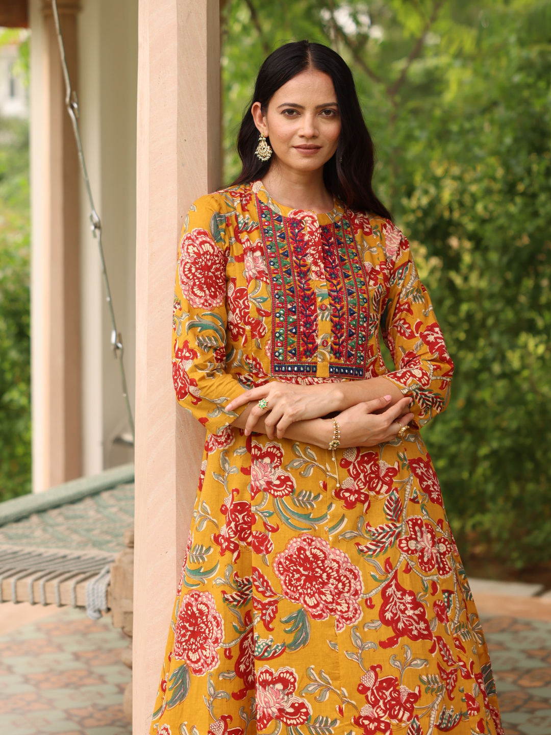 Mustard Cotton Printed Kurta with Embroidered Neck and Mirror Work