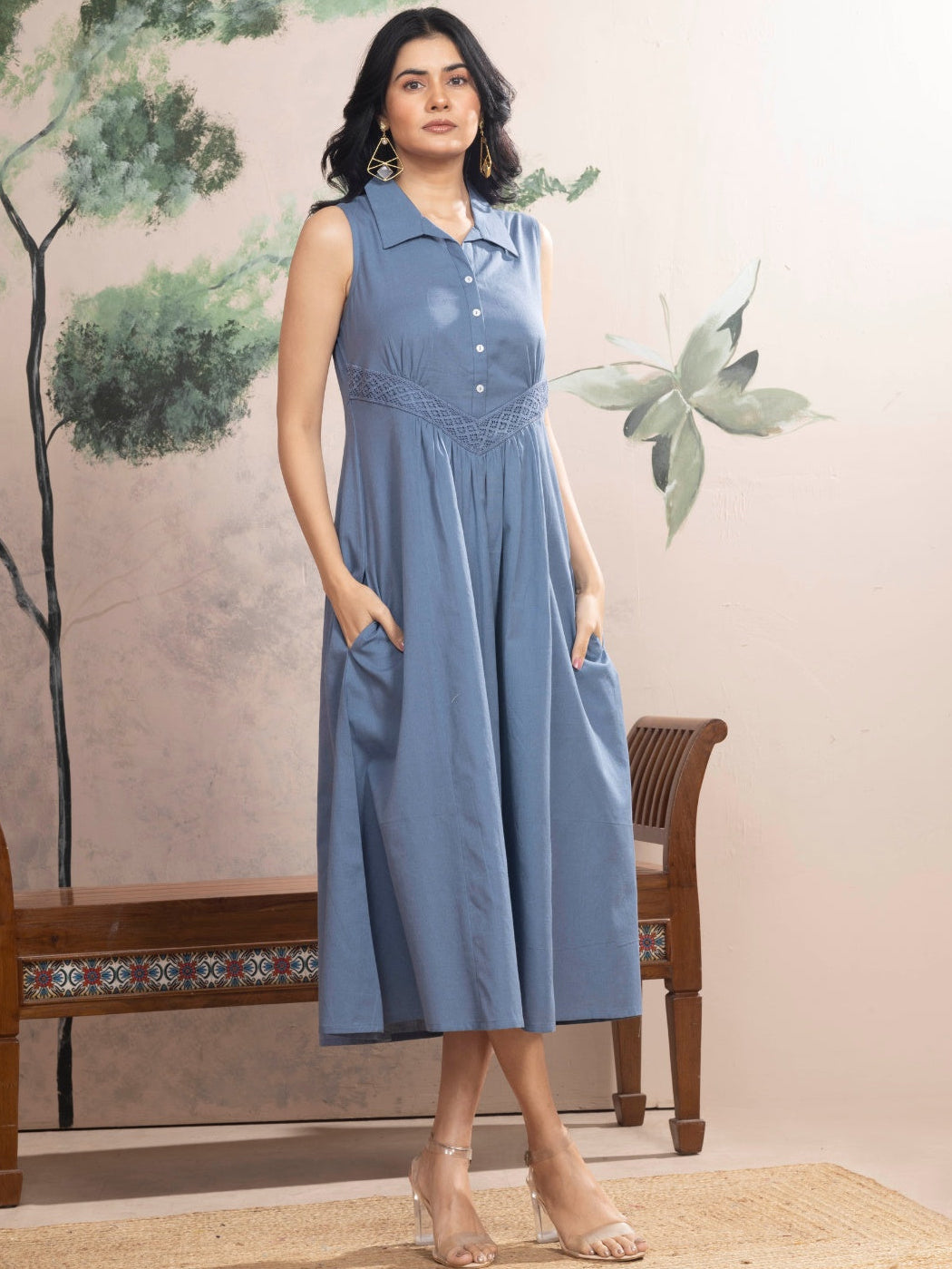 Dusty Blue Sleeveless Cotton Dress with Collar & Lace Panel