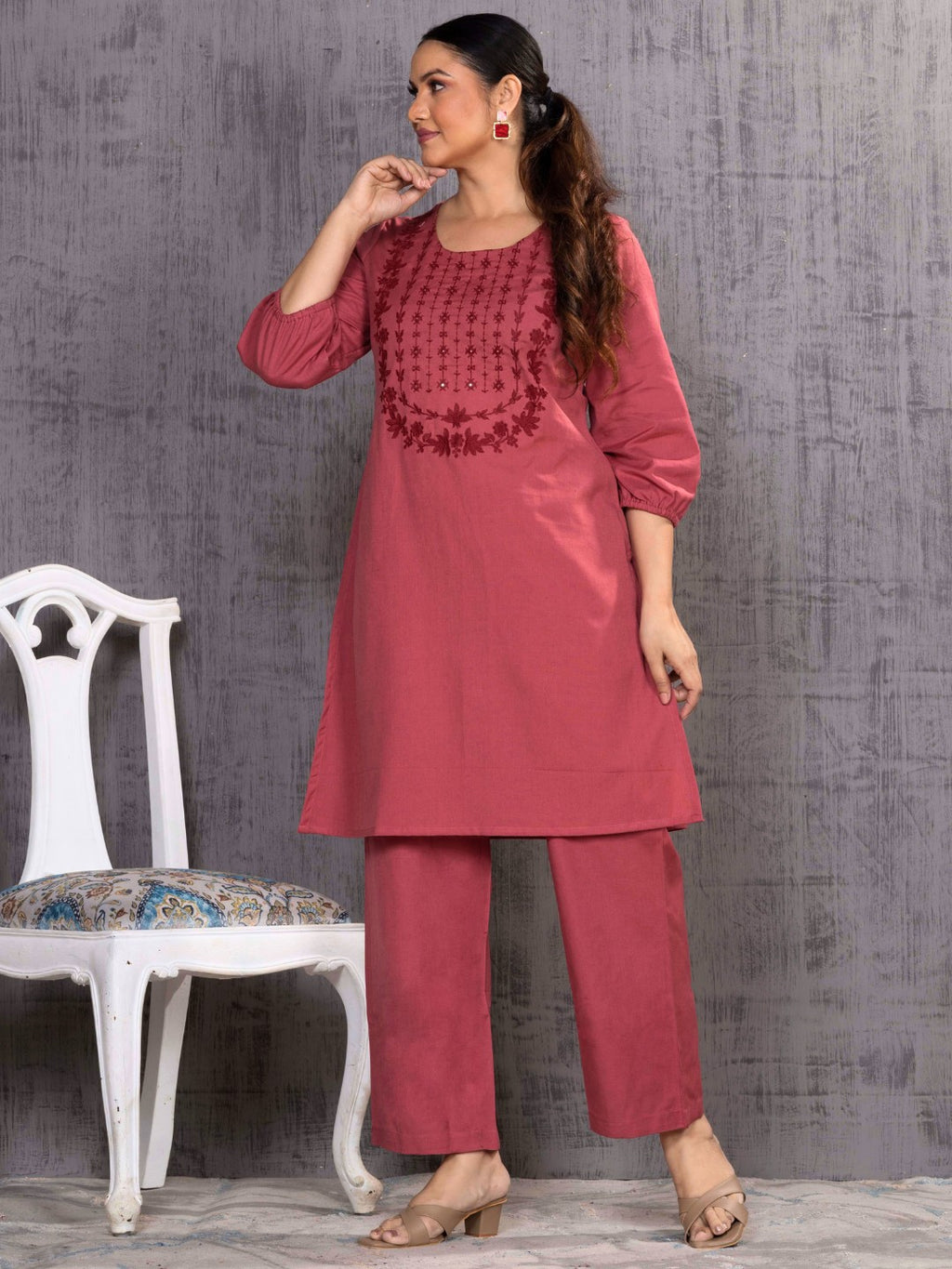 Spiced Coral Tonal Embroidered Straight Kurta Palazzo Set