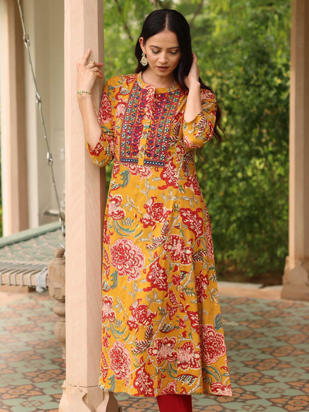 Mustard Cotton Printed Kurta with Embroidered Neck and Mirror Work