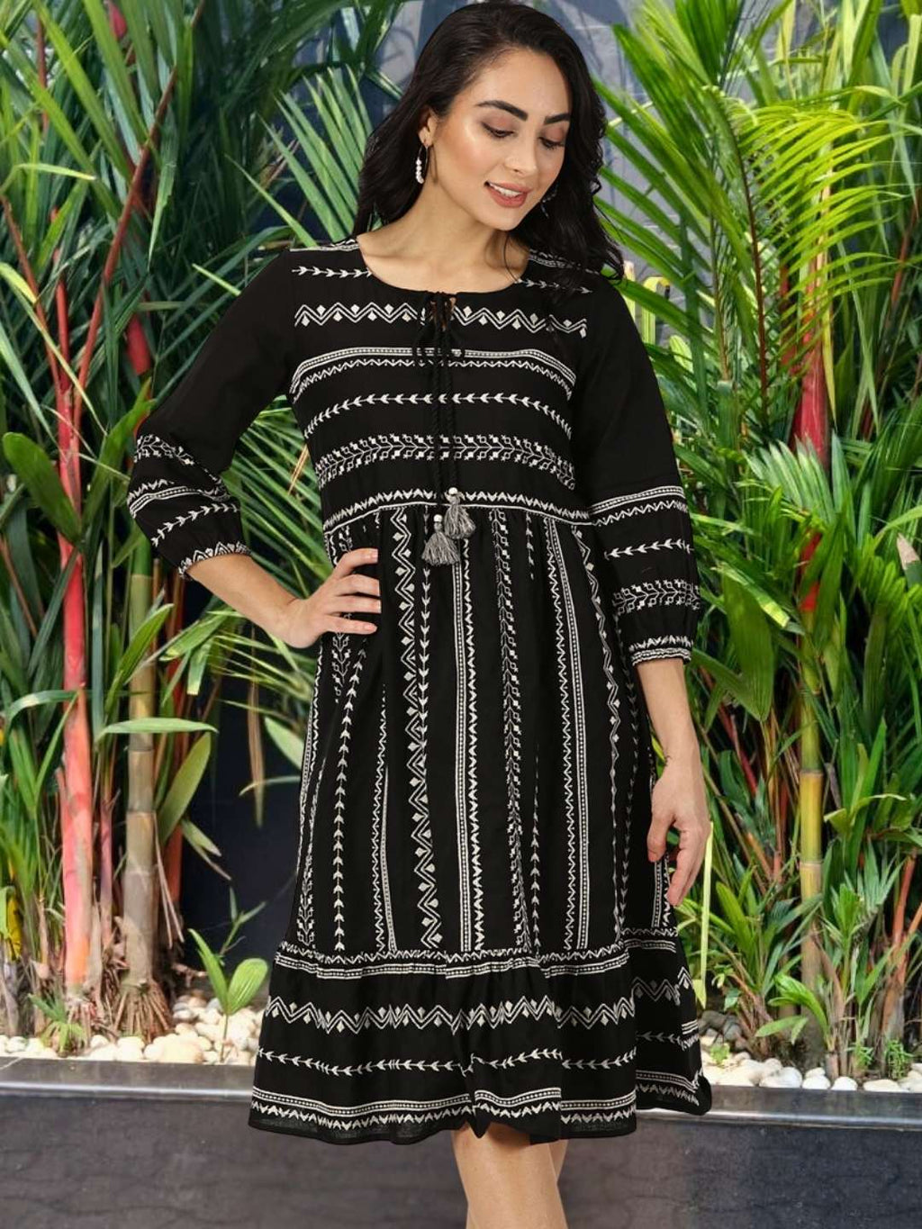 Black Embroidered Boho Midi Dress