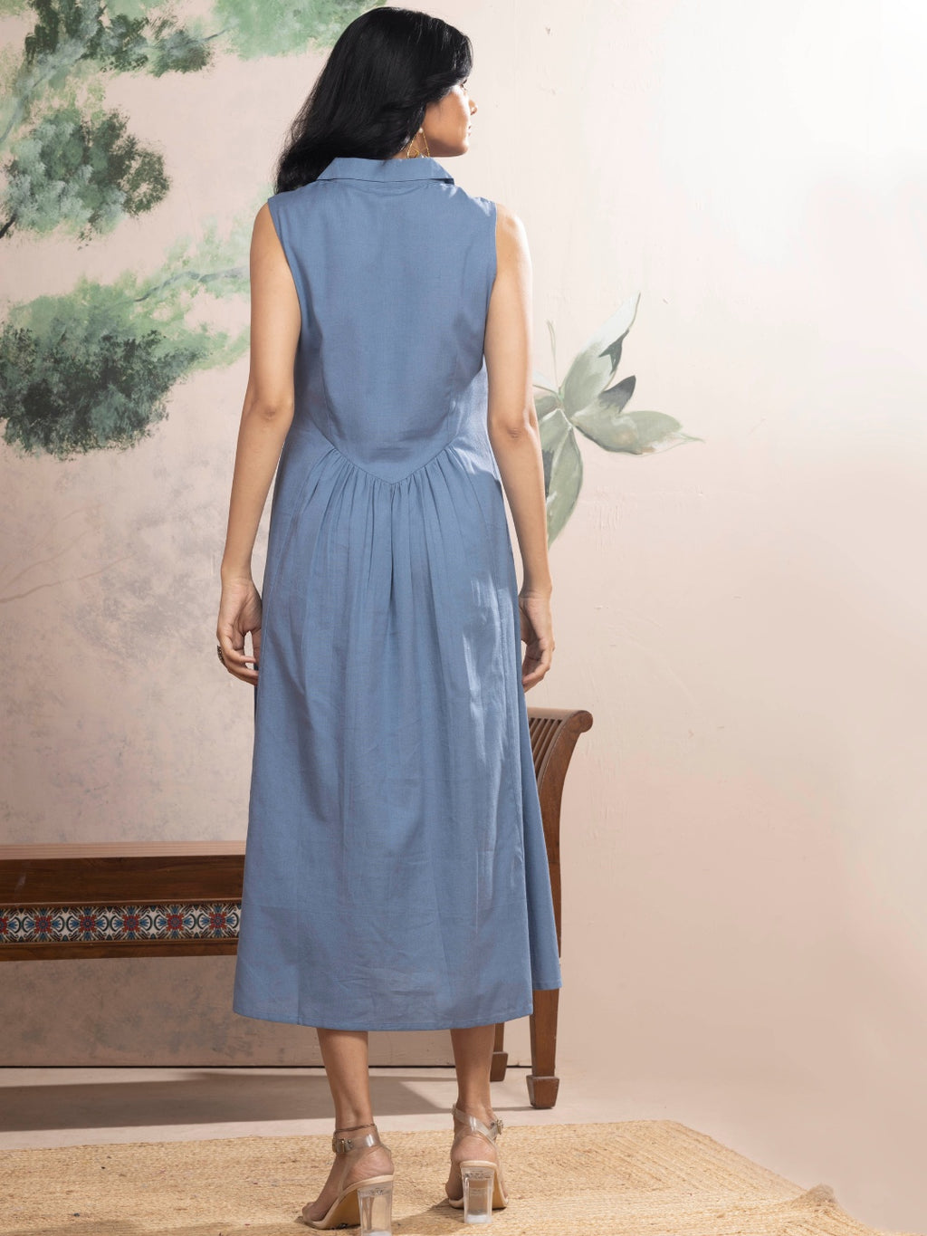 Dusty Blue Sleeveless Cotton Dress with Collar & Lace Panel