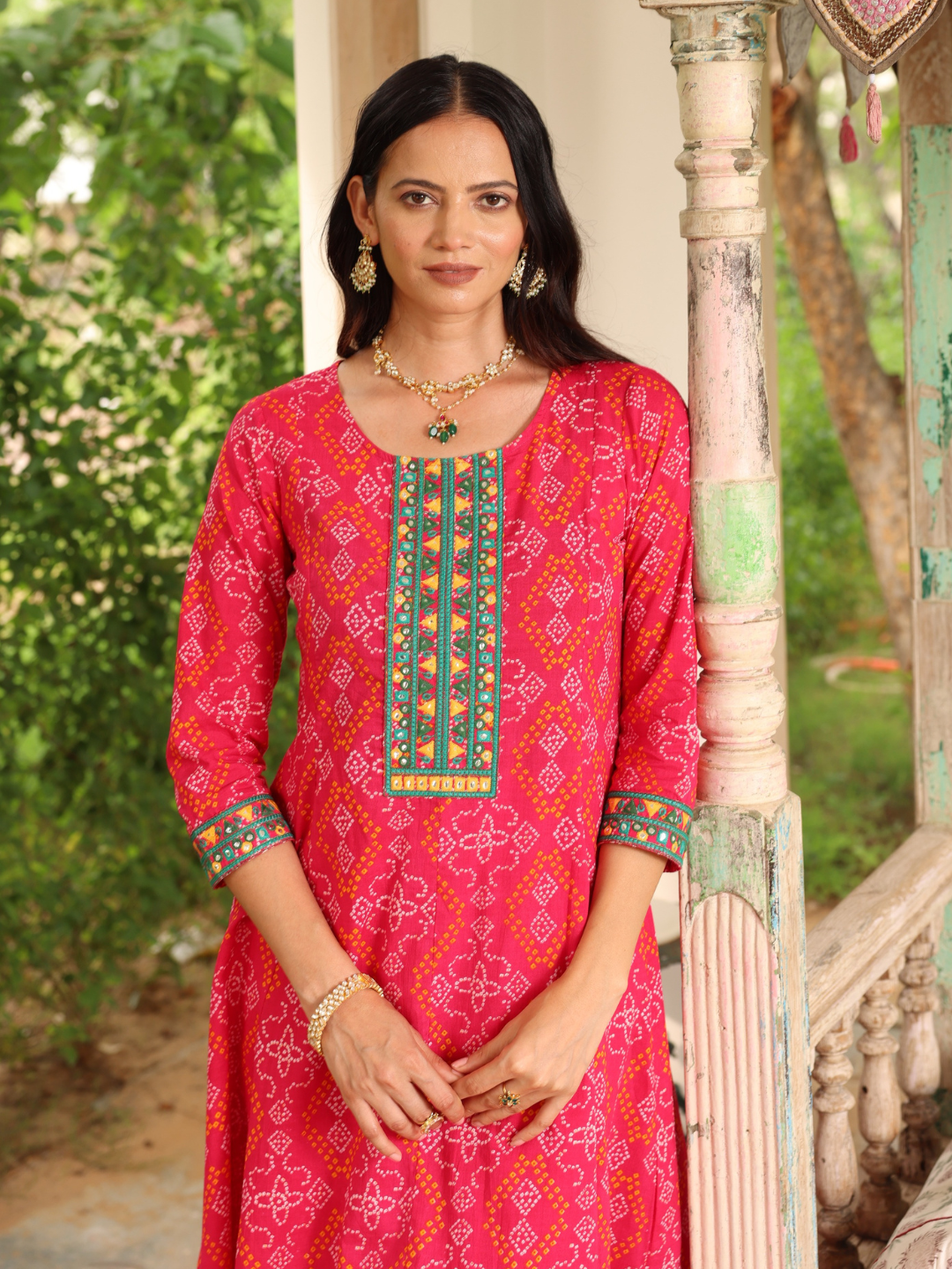 Pink Cotton Printed Kurta with Embroidered Neck and Mirror Work