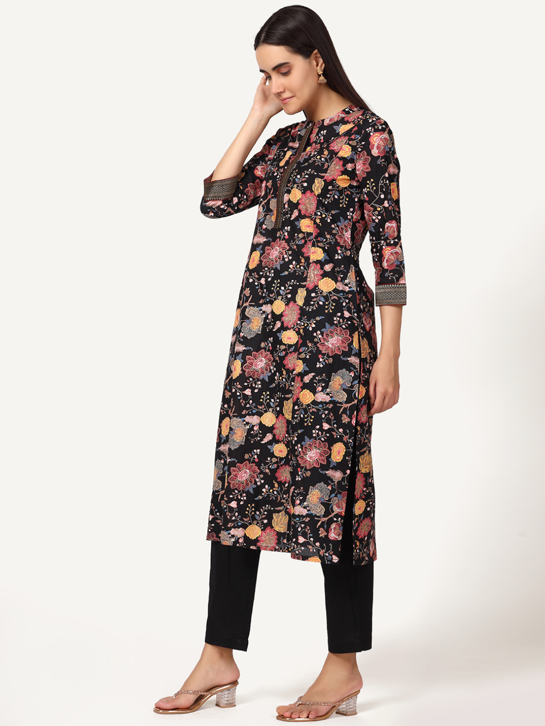 Black Floral Print Cotton Kurta with Brocade Lace