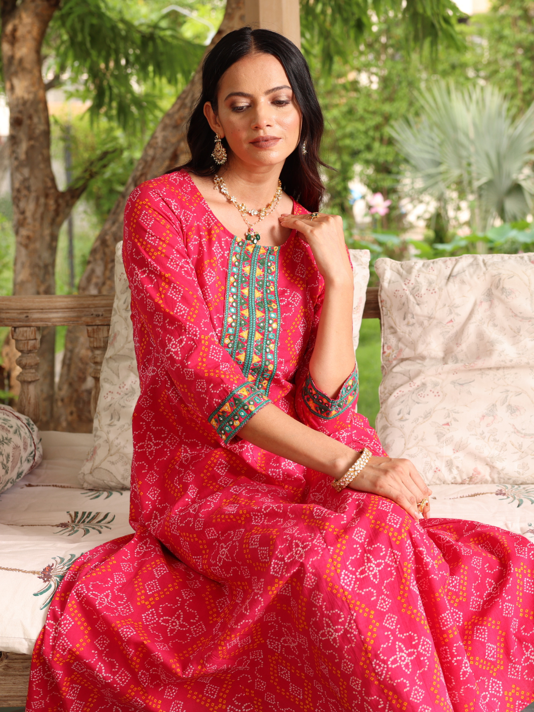 Pink Cotton Printed Kurta with Embroidered Neck and Mirror Work