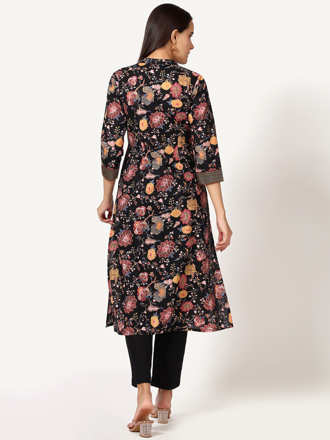 Black Floral Print Cotton Kurta with Brocade Lace