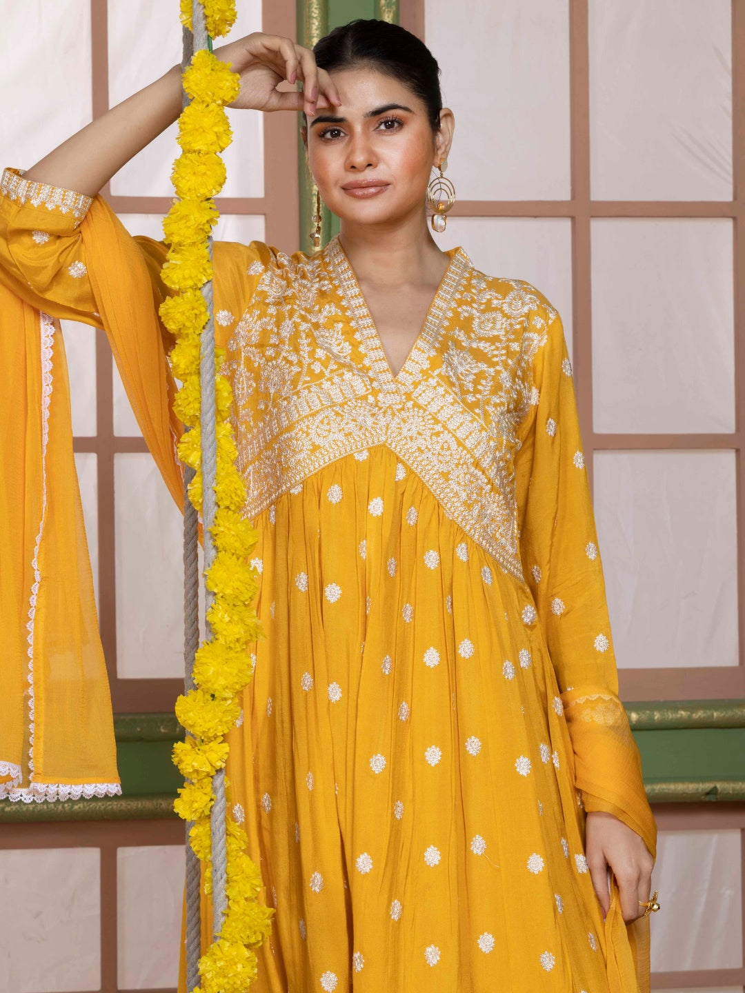 Sunlit Yellow Kashida Embroidered salwar kurta dupatta set