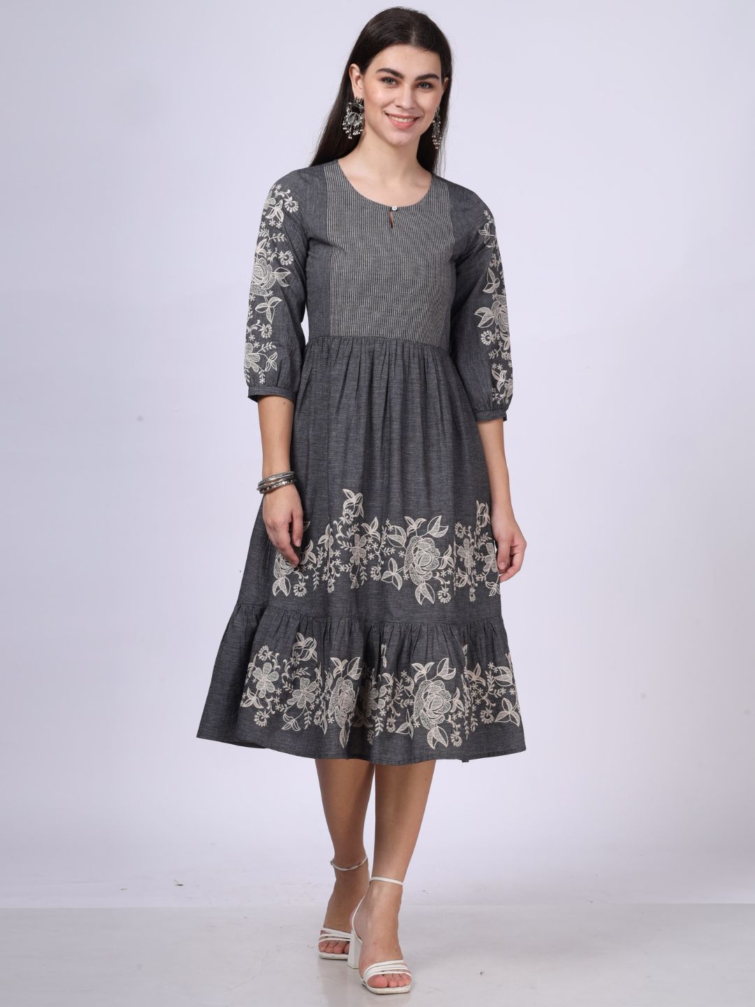 Grey Cotton Tiered Embroidered Dress Saffron Threads Grey Cotton Tiered Embroidered Dress Saffron Threads