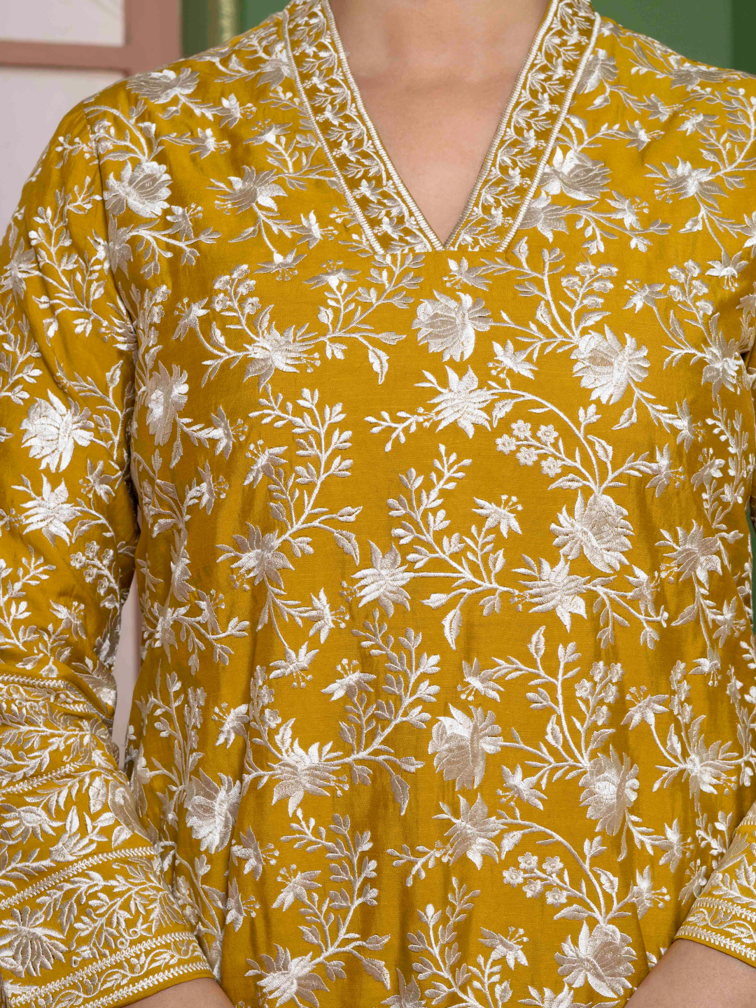 Marigold Yellow Parsi Gara Embroidery Kurta Set