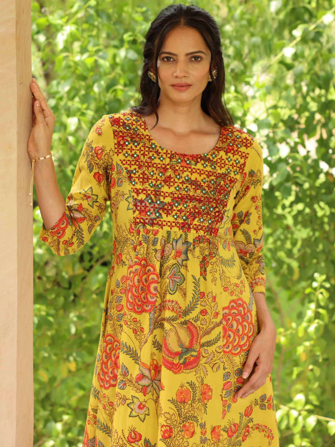 Mustard Floral Print Kurta with Neck Embroidery